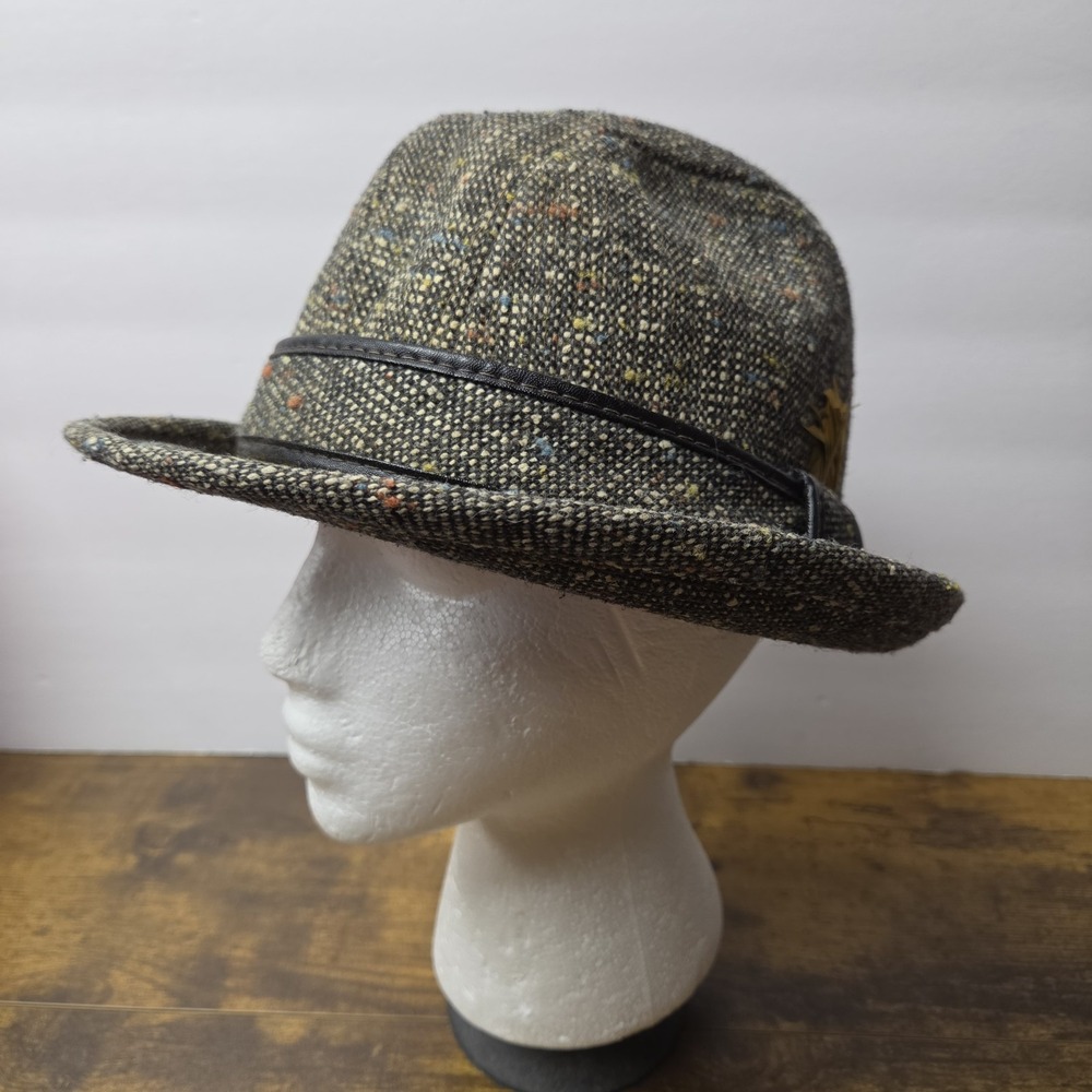 Vintage 1960/70 Flecked Tweed Trilby Fedora Hat 7 1/8 Leather Band Paisley Lined